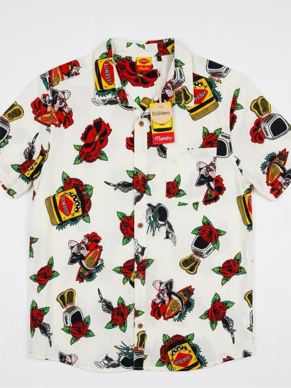 Mambo Vegimite White Short-Sleeve Button-Down Shirt with Red Rose Print